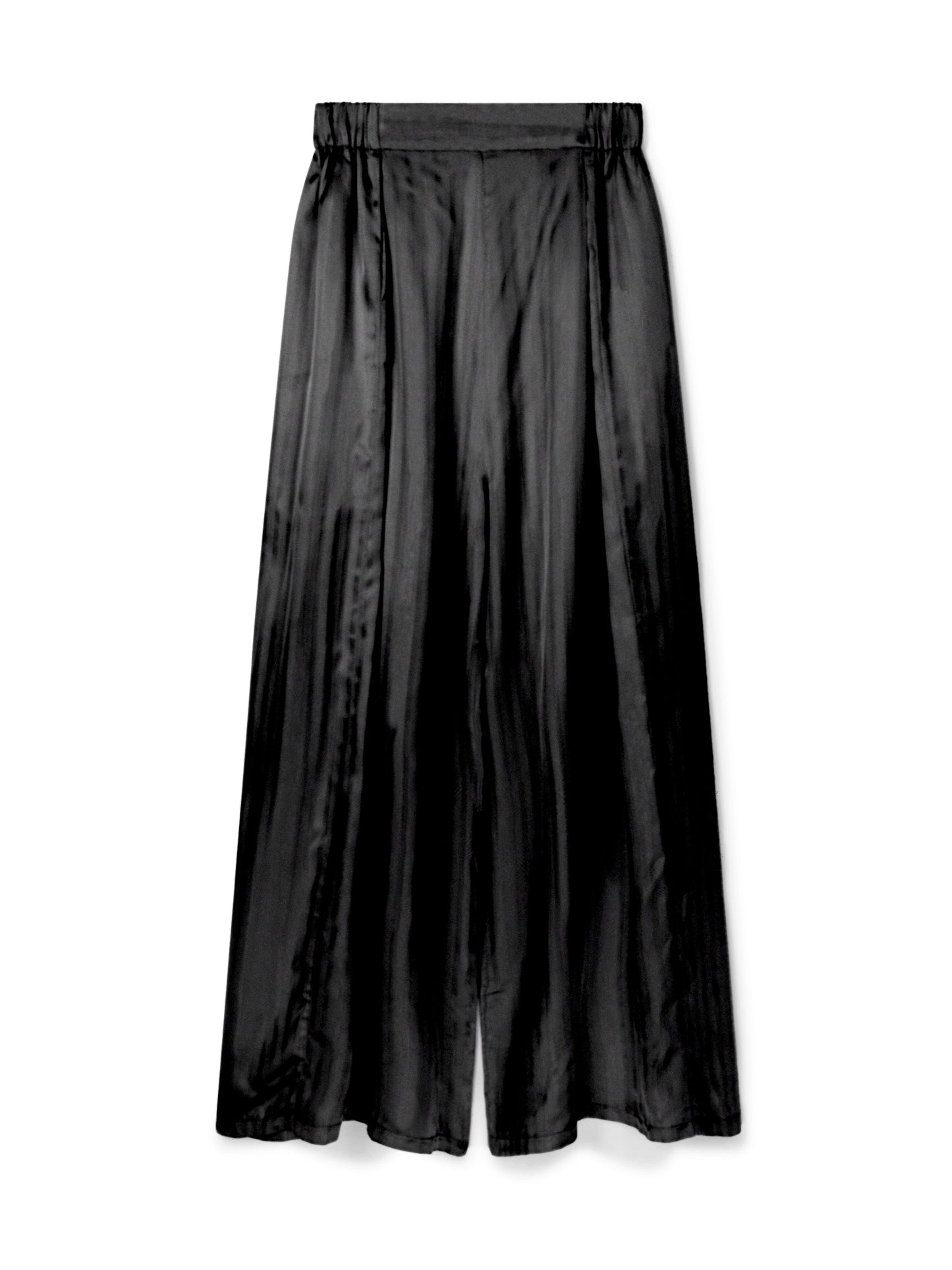 Black silk palazzo trousers by COLUCCI, crafted from premium crepe silk satin with a high-waisted, flat-front silhouette and discreet side elastic waistband for comfort and elegance.