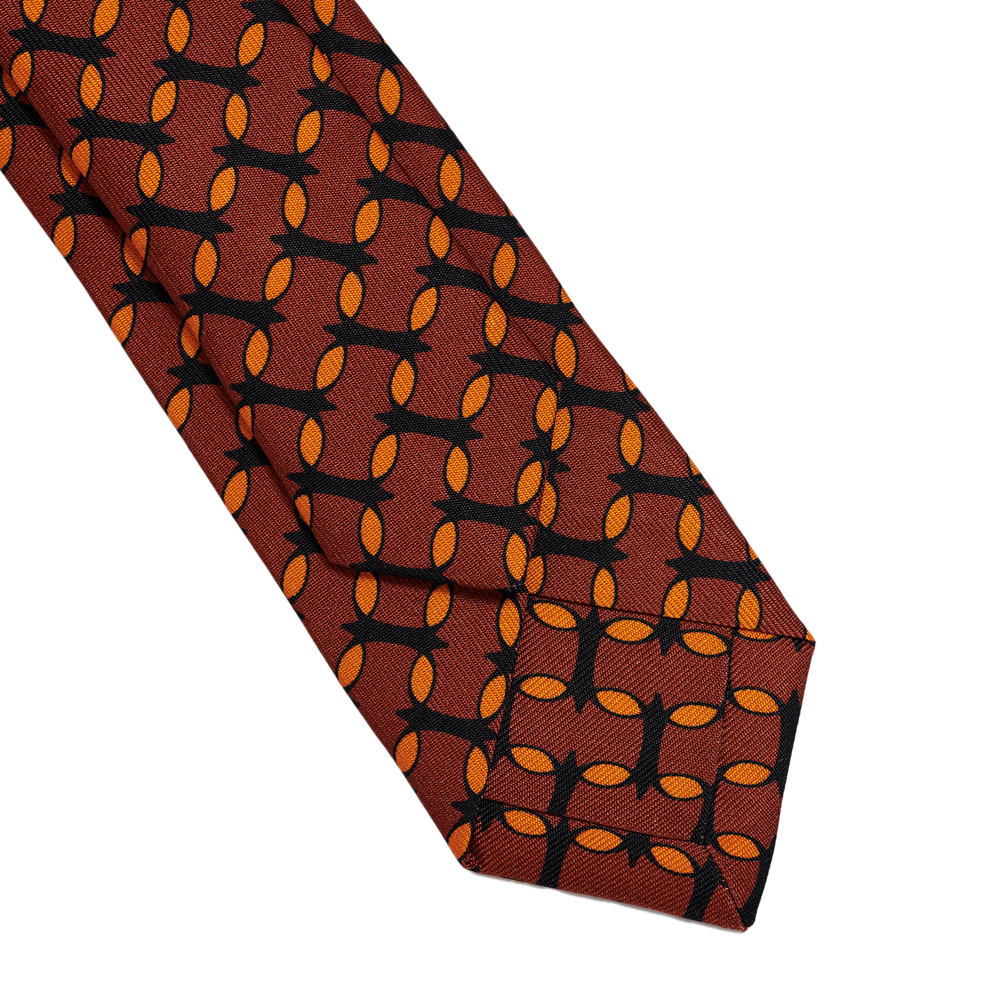 Orange and brown silk slim blade tie by COLUCCI, crafted in Macclesfield from 100% premium silk and hand-finished by expert specialists. Produced in limited runs for unique sophistication, reflecting a commitment to sustainable fashion and exceptional craftsmanship.