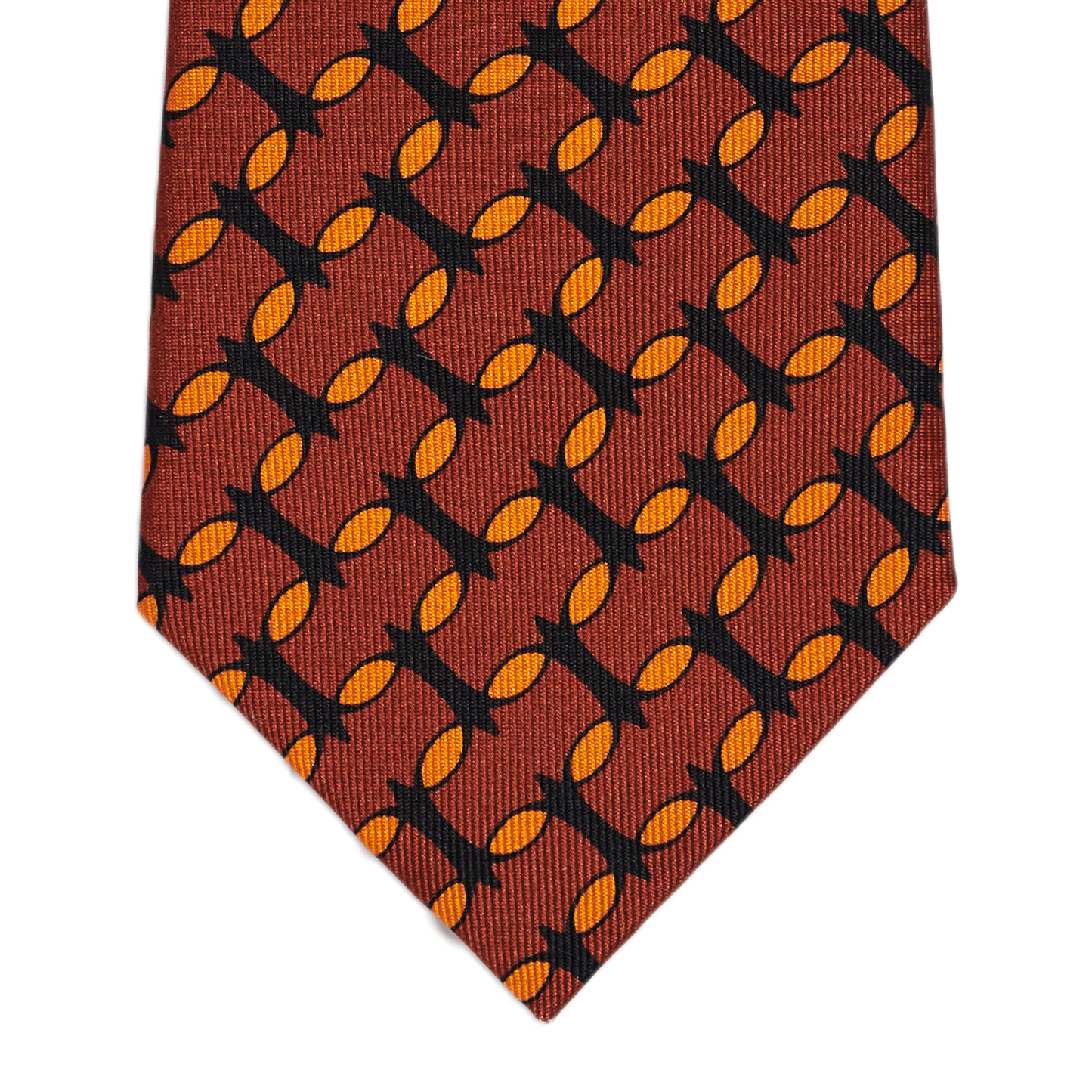 Orange and brown silk slim blade tie by COLUCCI, crafted in Macclesfield from 100% premium silk and hand-finished by expert specialists. Produced in limited runs for unique sophistication, reflecting a commitment to sustainable fashion and exceptional craftsmanship.
