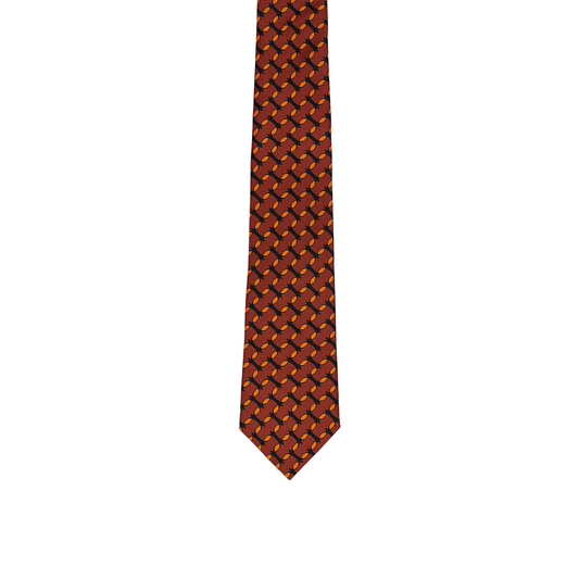 Orange and brown silk slim blade tie by COLUCCI, crafted in Macclesfield from 100% premium silk and hand-finished by expert specialists. Produced in limited runs for unique sophistication, reflecting a commitment to sustainable fashion and exceptional craftsmanship.