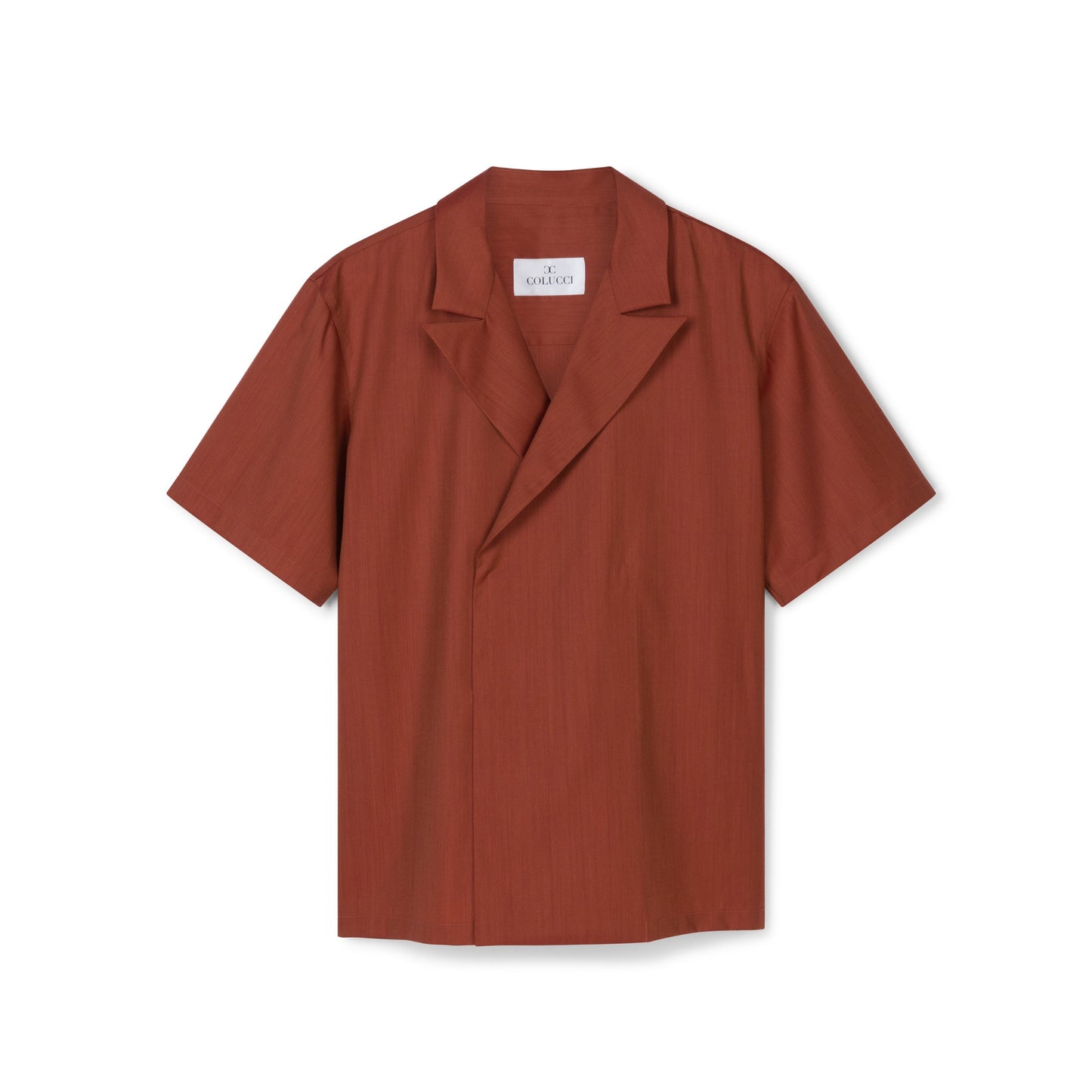 Exclusive brown mohair double-breasted bowling shirt by COLUCCI, crafted from the finest wool mohair and tailored by Savile Row bespoke shirt makers, featuring a boxy fit, wide lapels, and 1950s-inspired design with only six shirts made.