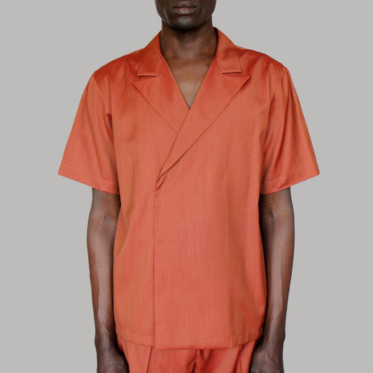 Exclusive brown mohair double-breasted bowling shirt by COLUCCI, crafted from the finest wool mohair and tailored by Savile Row bespoke shirt makers, featuring a boxy fit, wide lapels, and 1950s-inspired design with only six shirts made.