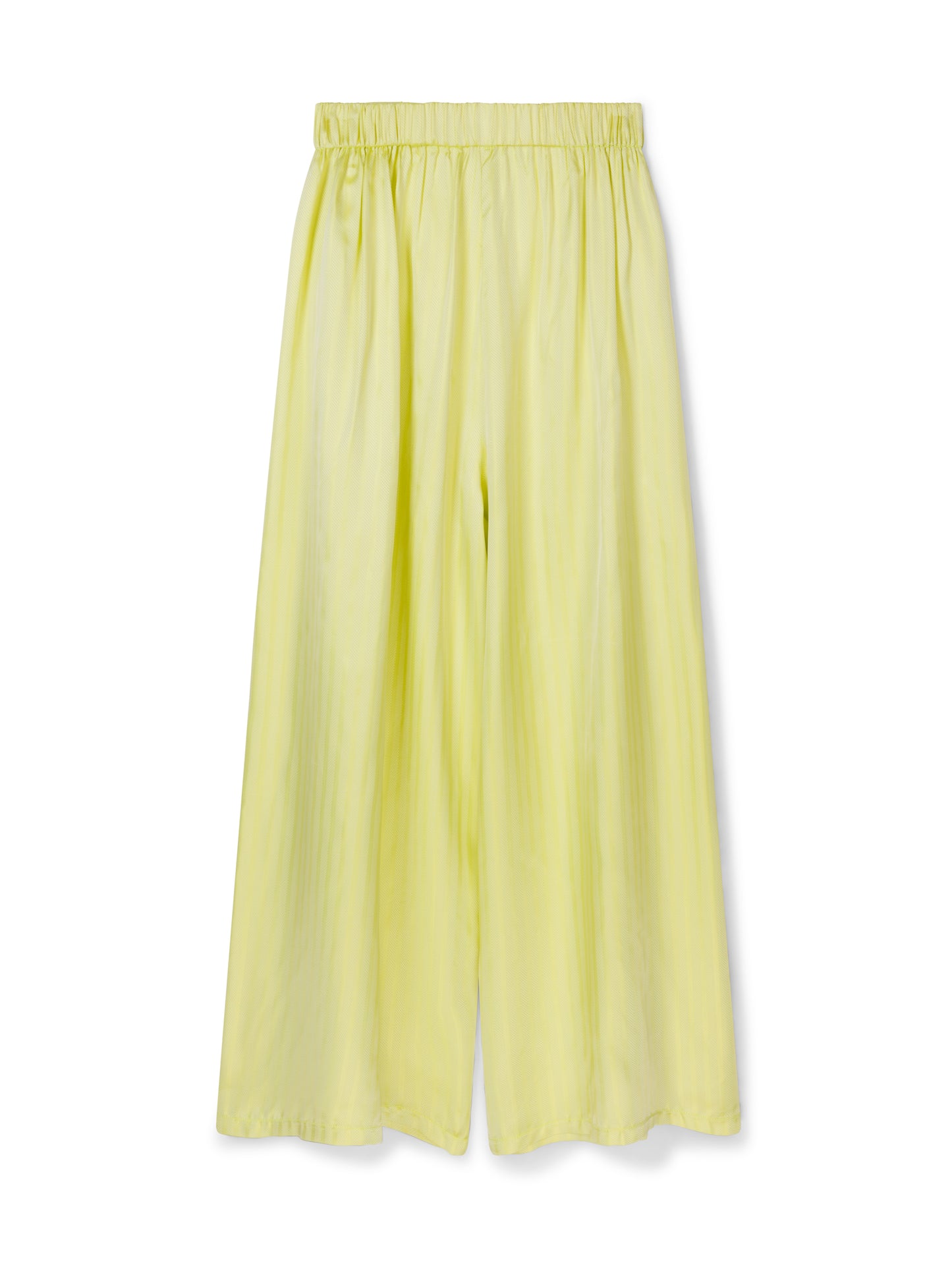 Palazzo trousers by COLUCCI, inspired by 1930s beach pyjamas, featuring a wide draping leg, high-waisted flat-front silhouette, and discreet side elastic waistband for comfort. Available in three eye-catching colours, crafted from designer deadstock fabrics for day-to-night elegance.