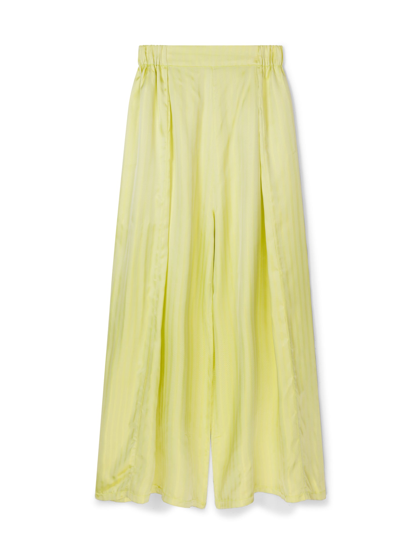 Palazzo trousers by COLUCCI, inspired by 1930s beach pyjamas, featuring a wide draping leg, high-waisted flat-front silhouette, and discreet side elastic waistband for comfort. Available in three eye-catching colours, crafted from designer deadstock fabrics for day-to-night elegance.
