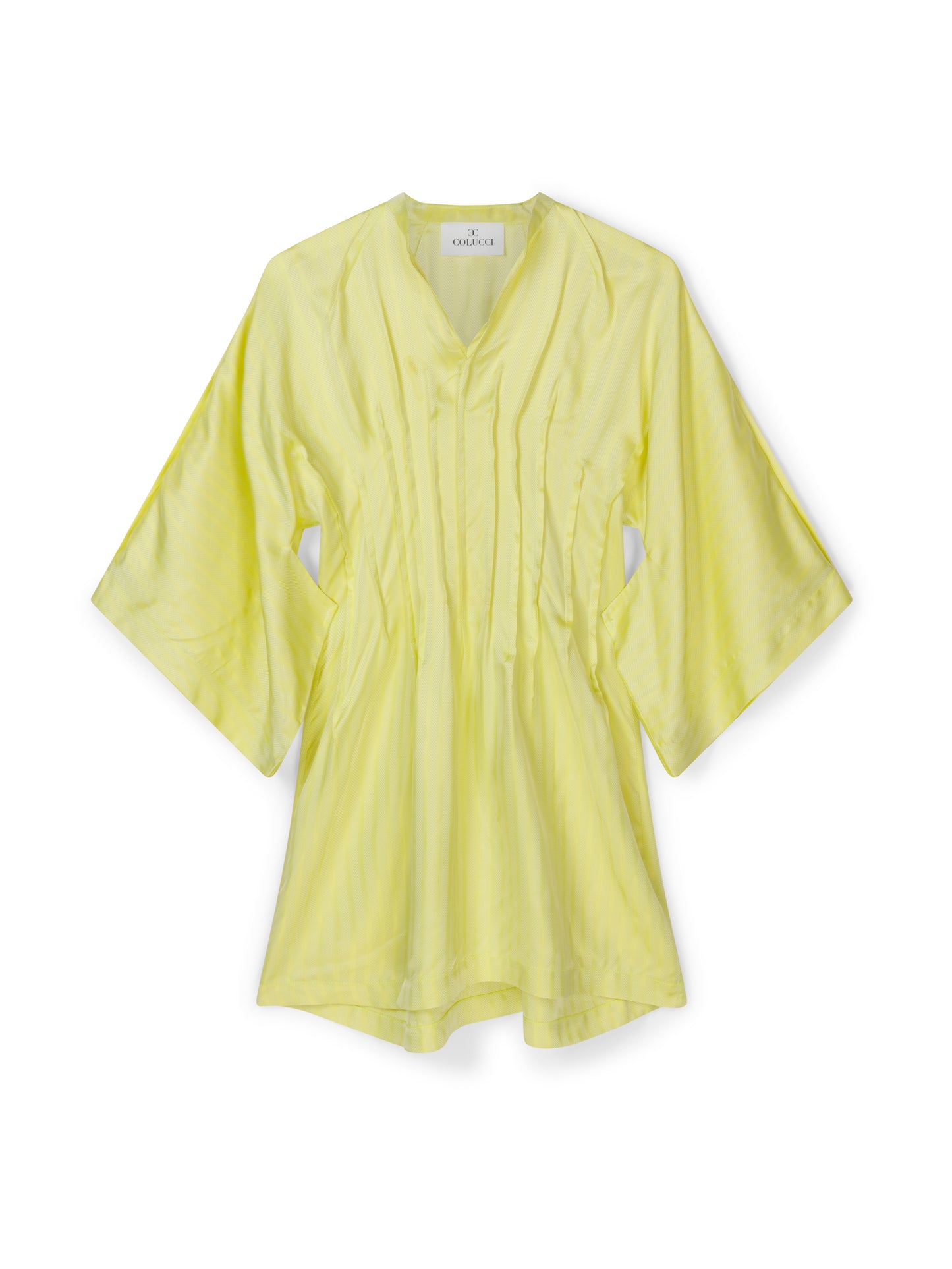 Yellow tunic dress by COLUCCI, crafted from luxurious discontinued deadstock fabrics for a one-of-a-kind, limited edition piece. Made-to-order in our London studio with kimono-inspired sleeves and a pin-tuck waist, this dress offers timeless style and impeccable design, destined to be a cherished wardrobe staple.