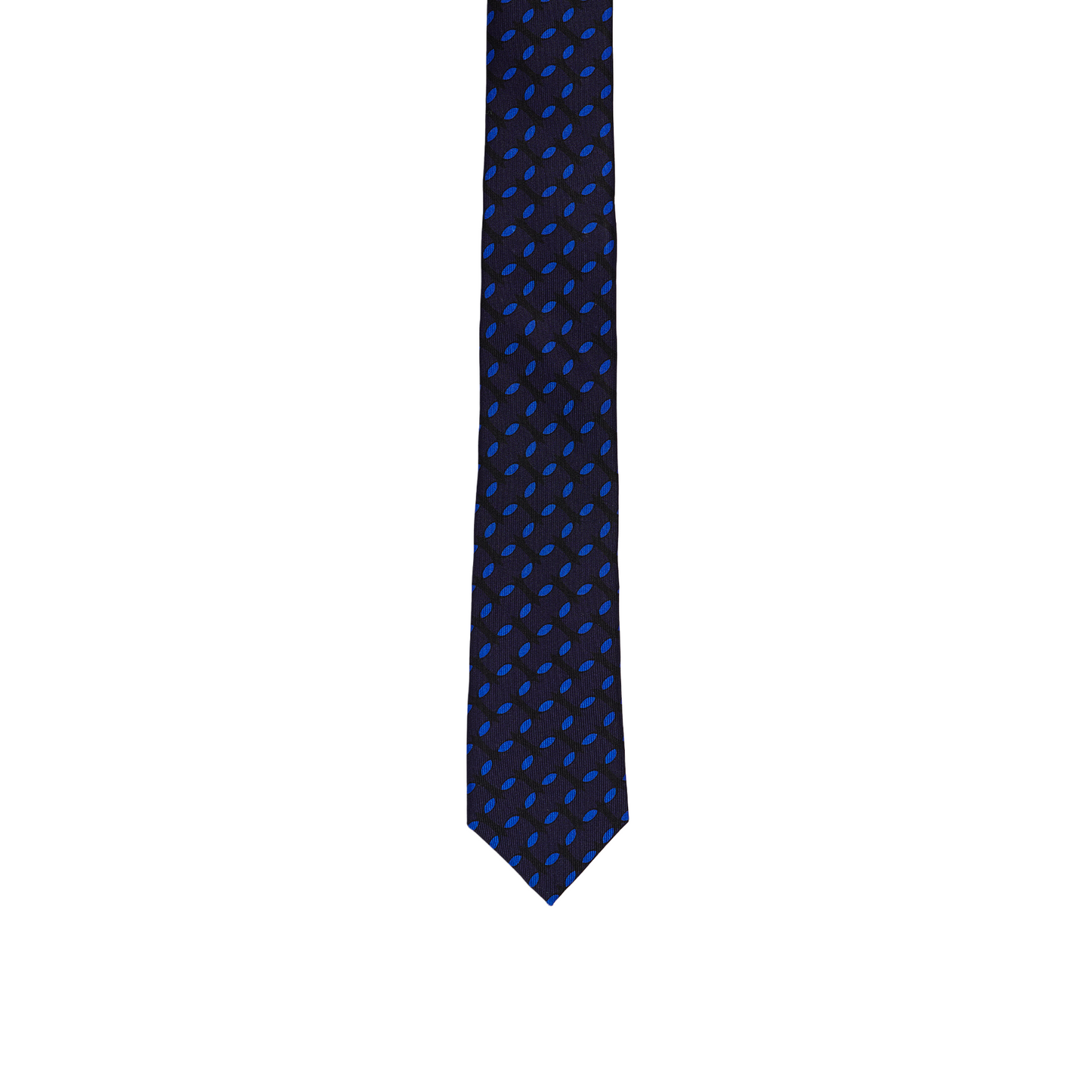 Navy and blue silk slim blade tie by COLUCCI, crafted in Macclesfield from 100% premium silk and hand-finished by expert tie specialists. Produced in limited runs, offering unique sophistication and reflecting a commitment to sustainable fashion and exceptional craftsmanship.