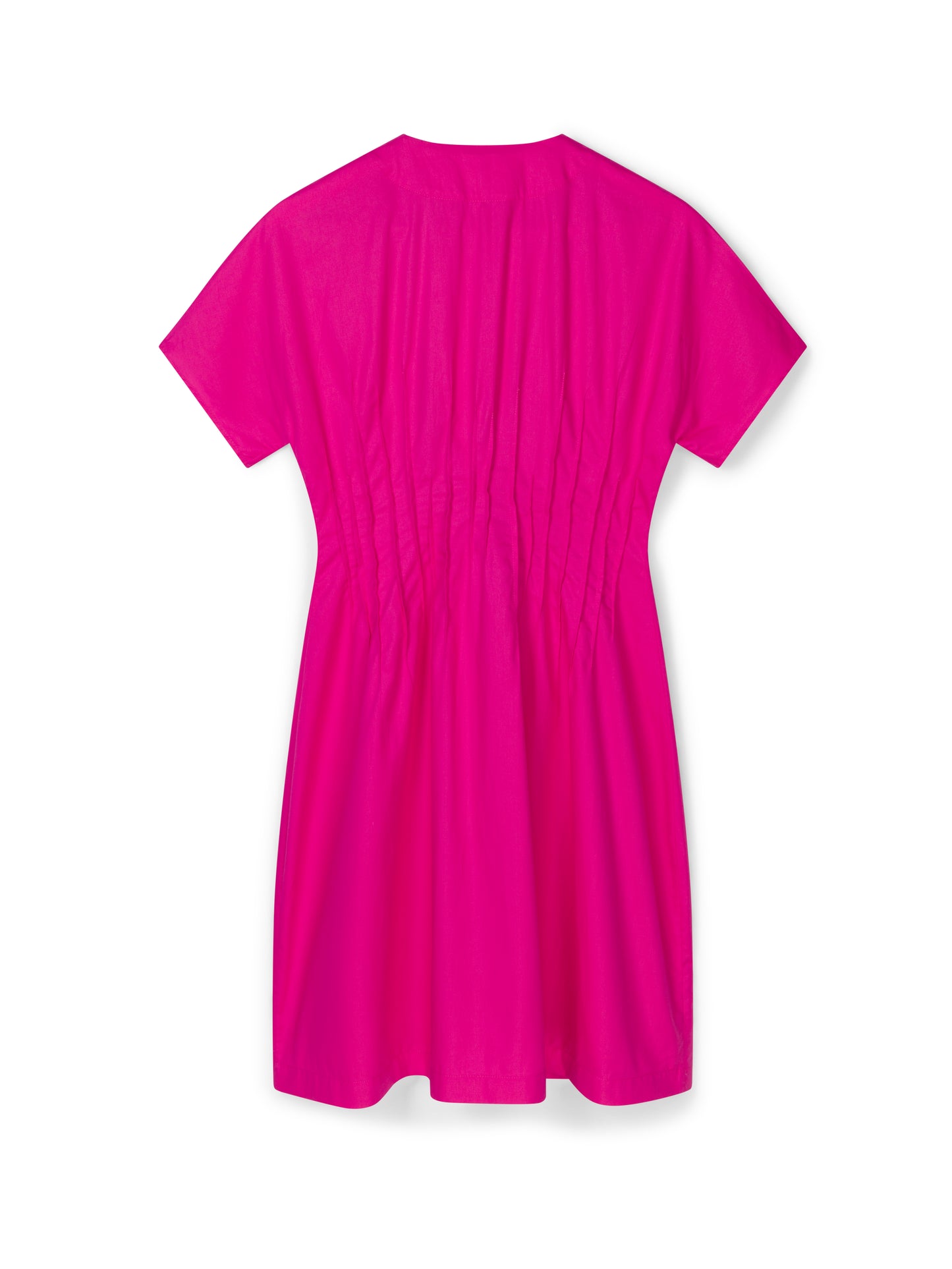 Pink cotton day dress by COLUCCI, crafted from sustainable designer-sourced deadstock fabric. Made-to-order in our London studio, featuring a tailored fit with snap-front closures and a pin-tuck waist for elegance. Ideal for sunny brunches or weekday errands, combining style and comfort.
