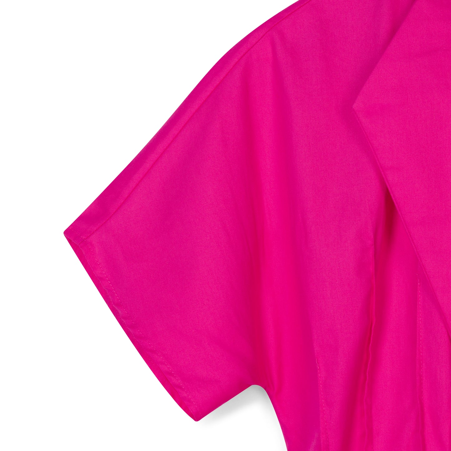Pink cotton day dress by COLUCCI, crafted from sustainable designer-sourced deadstock fabric. Made-to-order in our London studio, featuring a tailored fit with snap-front closures and a pin-tuck waist for elegance. Ideal for sunny brunches or weekday errands, combining style and comfort.