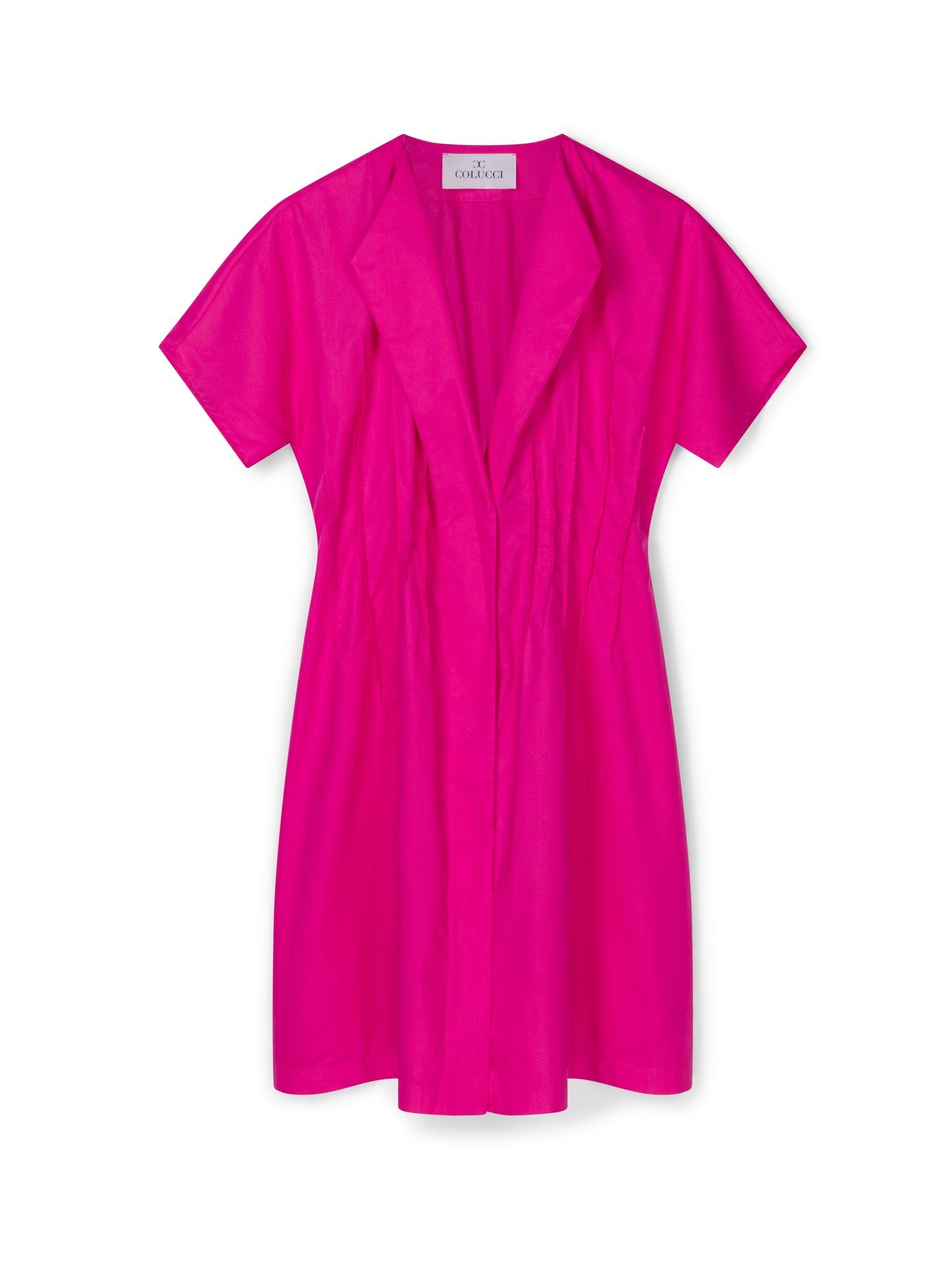 Pink cotton day dress by COLUCCI, crafted from sustainable designer-sourced deadstock fabric. Made-to-order in our London studio, featuring a tailored fit with snap-front closures and a pin-tuck waist for elegance. Ideal for sunny brunches or weekday errands, combining style and comfort.