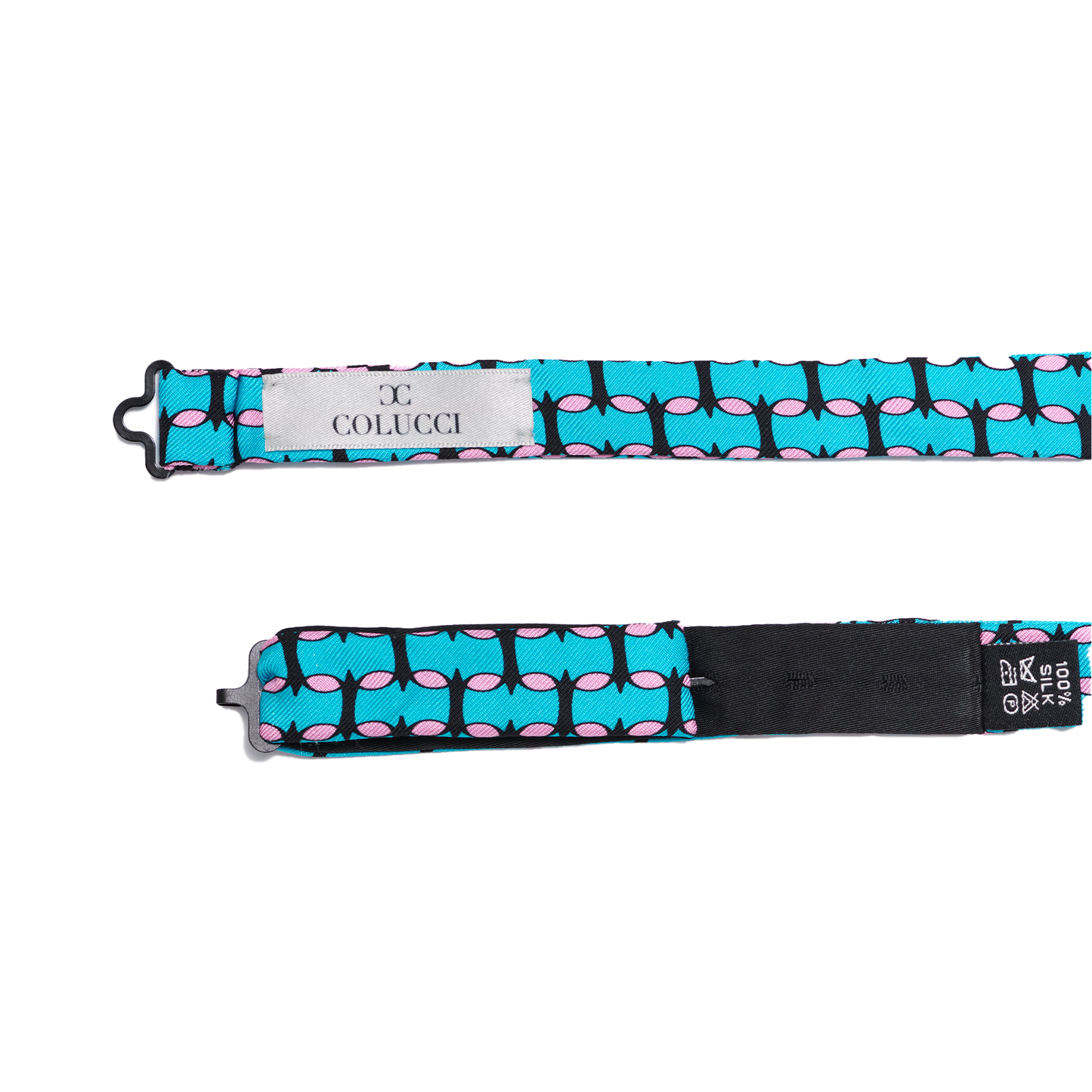 Teal and pink silk bow tie by COLUCCI, handcrafted in England. Featuring a playful colour combination, this bow tie adds vibrant flair and refined elegance to any formal or special occasion ensemble, making it the perfect finishing touch for a standout look.