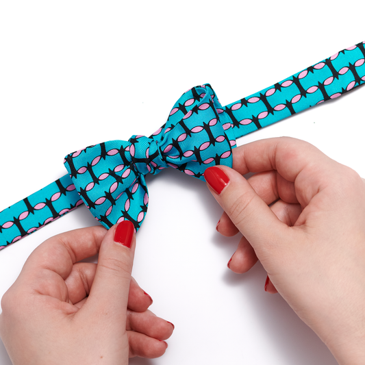 Teal and pink silk bow tie by COLUCCI, handcrafted in England. Featuring a playful colour combination, this bow tie adds vibrant flair and refined elegance to any formal or special occasion ensemble, making it the perfect finishing touch for a standout look.