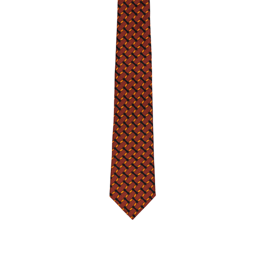 Elevate your style with our brown & orange monogram silk tie, meticulously crafted in England. Make a statement of sophistication and craftsmanship. Shop now for a refined accessory that adds timeless elegance to your wardrobe.